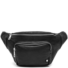 Black waist bag with zippers on a white background