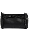 Black leather handbag with studded details on a white background