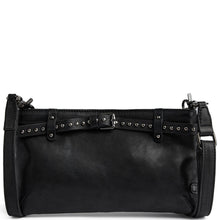 Black leather handbag with studded details on a white background