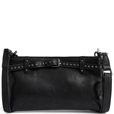 Black leather handbag with studded details on a white background