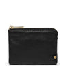 Black leather wallet with gold zipper and clasp on a white background