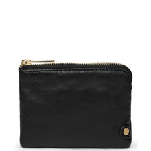 Black leather wallet with gold zipper and clasp on a white background