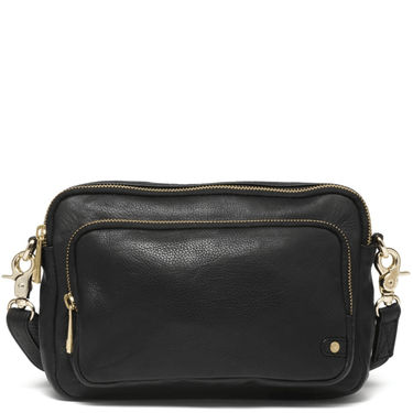 Black leather crossbody bag with gold accents on a white background