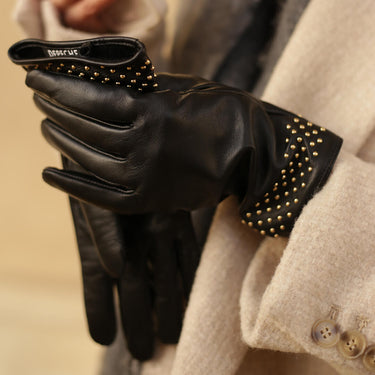 ladies black leather gloves with gold studding