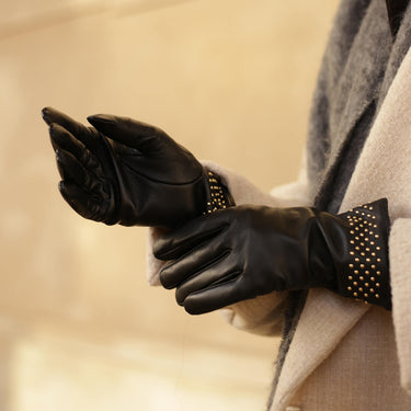 ladies black leather gloves with gold studding