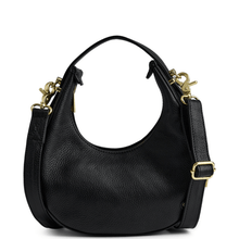 Black handbag with gold accents on a white background