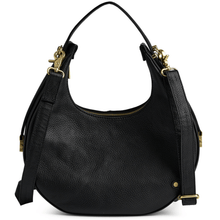 Black leather handbag with gold accents on a white background