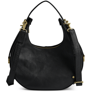 Black leather handbag with gold accents on a white background