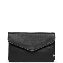 Black leather clutch bag on a white background
