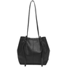 Black leather handbag with a drawstring on a white background