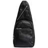 Black leather sling bag with zippers on a white background