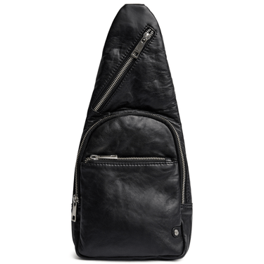 Black leather sling bag with zippers on a white background
