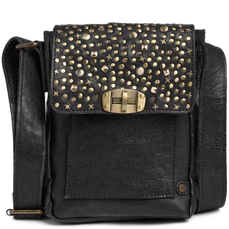 Depeche Black Leather Studded Small Crossbody Mobile Bag