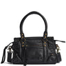 A black leather handbag with double top handles, gold-tone hardware, and a front zippered pocket, shown against a plain white background.