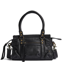A black leather handbag with double top handles, gold-tone hardware, and a front zippered pocket, shown against a plain white background.