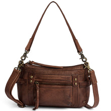 A brown textured leather shoulder bag with multiple zippered pockets, brass-tone hardware, and a long shoulder strap, shown on a plain white background.
