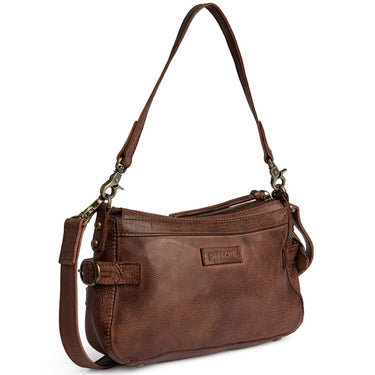A brown faux-leather shoulder bag with a front zippered pocket and a small 'FURFEL' brand patch, shown on a plain white background.