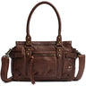 A dark brown leather handbag with dual top handles, a detachable shoulder strap, and brass-tone hardware, shown against a plain white background.