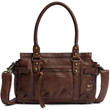 A dark brown leather handbag with dual top handles, a detachable shoulder strap, and brass-tone hardware, shown against a plain white background.