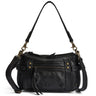 Black leather shoulder bag with a front zip pocket, gold-tone hardware, and a long shoulder strap, shown on a white background.