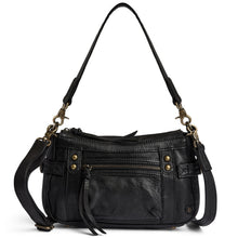 Black leather shoulder bag with a front zip pocket, gold-tone hardware, and a long shoulder strap, shown on a white background.
