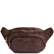 Brown leather waist bag with gold zippers