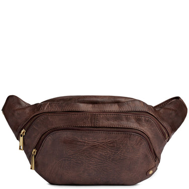 Brown leather waist bag with gold zippers