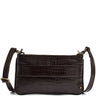 A dark brown crocodile-embossed leather crossbody bag with a matching adjustable shoulder strap and gold-tone hardware, shown against a plain white background.