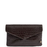 A dark brown crocodile-embossed leather clutch bag with a small gold button accent on the bottom right corner, set against a plain white background.