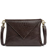 A dark brown crocodile-embossed leather crossbody bag with a triangular envelope-style flap and gold-tone hardware, shown against a plain white background.