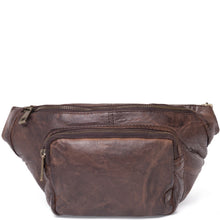 Brown leather waist bag on a white background