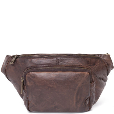 Brown leather waist bag on a white background