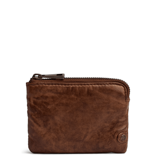 Brown leather pouch with a zipper on a white background