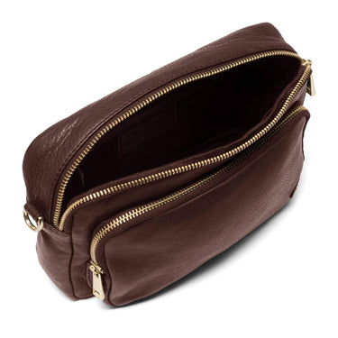 Brown leather bag with gold zipper on a white background