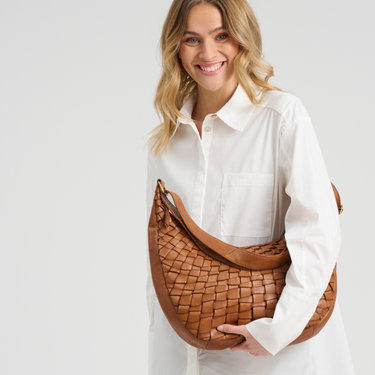 Depeche Brown Leather Large Woven Crossbody Bag