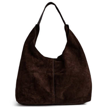 Brown suede handbag on a white background