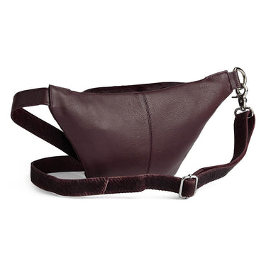 Brown leather waist bag with a strap on a white background