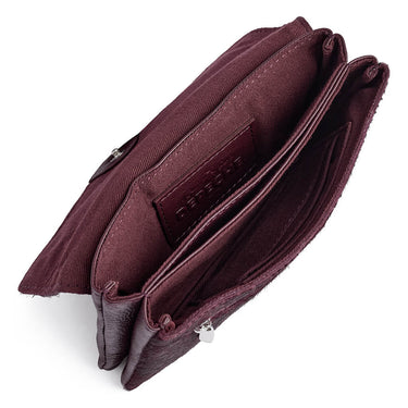 Open maroon clutch bag with visible brand name on a white background