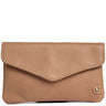 Tan leather flap over purse on a white background