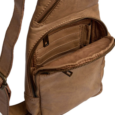 Brown leather bag with open front pocket on a white background