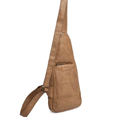 Brown leather crossbody bag on a white background