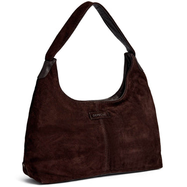 Brown suede handbag with a visible brand logo on a white background