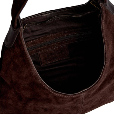 Close-up of a brown suede handbag with a visible zipper pocket.