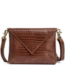 A brown crocodile-embossed leather clutch bag with a triangular envelope flap and a matching shoulder strap, shown against a plain white background.