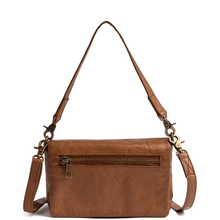 ladies brown tan toned leather bag with two straps and zip pocket