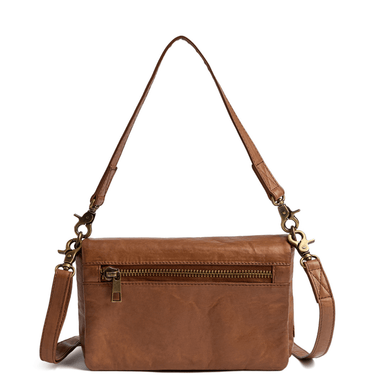 ladies brown tan toned leather bag with two straps and zip pocket
