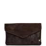 A dark brown textured envelope clutch bag with a small gold button on the bottom right corner, set against a plain white background.