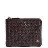 Brown woven leather wallet with a gold zipper on a white background