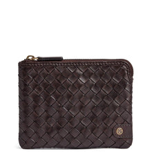 Brown woven leather wallet with a gold zipper on a white background