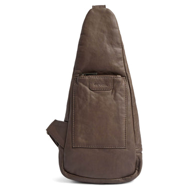 A dark brown faux-leather sling backpack with a front zippered pocket and a small 'BURGA' brand label, shown against a plain white background.